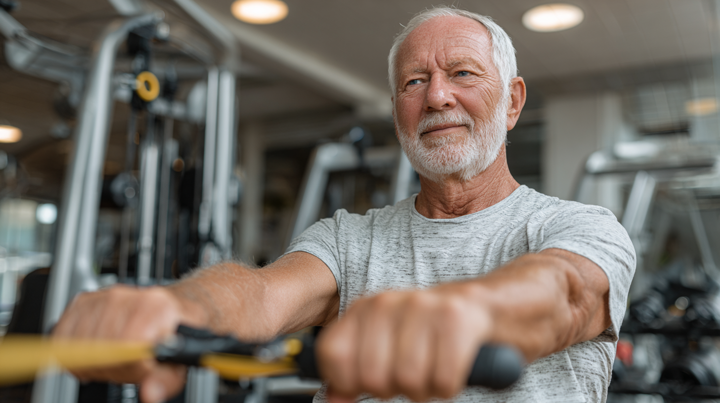 Persoană matură folosind tehnologia modernă pentru fitness, tabletă sau smartphone cu aplicația de antrenament